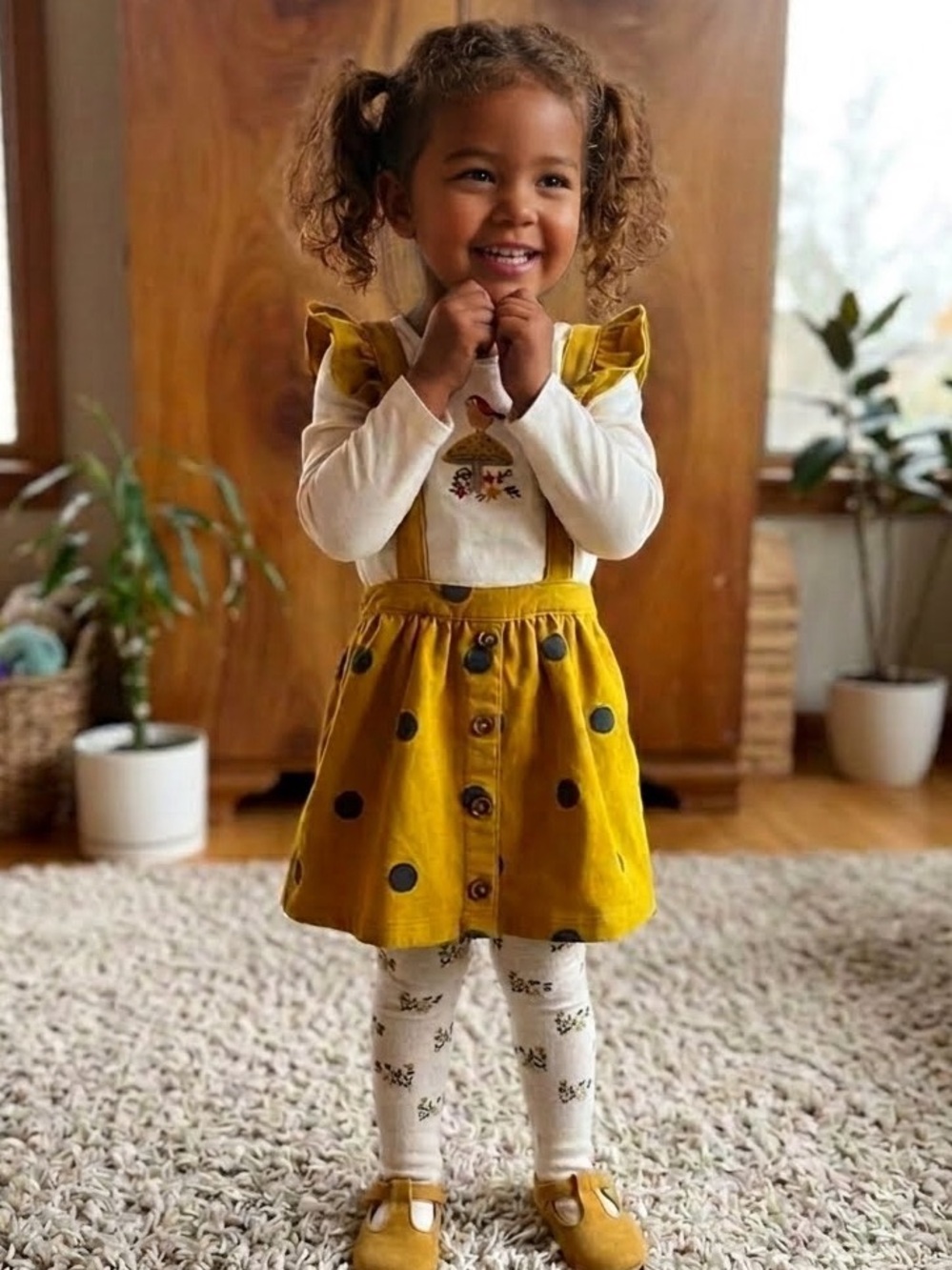 NWOT Wonder nation bird and mushroom, yellow polka dot overall pinafore dress.